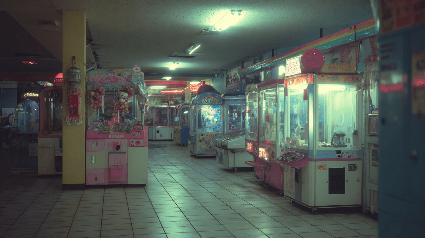 廃墟となったレトロな日本のアーケード、薄暗い蛍光灯の明滅、古いクレーンゲームや子供向けの乗り物、不気味な静寂、空っぽのタイル張りの床、経年劣化したパステルカラー、不気味なノスタルジックな雰囲気、落ち着かない静けさ、ドリームコアホラーの美学、1990年代の雰囲気、映画のような照明、シュールなリアリズム、アナログ写真スタイル、浅い被写界深度、限界空間